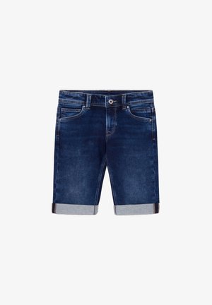 Mørkeblå denimshorts med optrukne kanter, bæltestropper, forreste knap, lynlås og fem lommer mod en hvid baggrund.