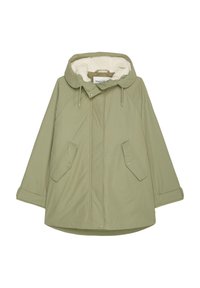 Olivgrön, isolerad parka med huva, som har en mjuk, vit fuskpälsfoder, tryckknappar och två framfickor.