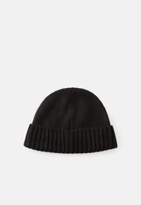 Black knit beanie hat with a textured body and a ribbed cuff, featuring a snug fit and a soft, warm feel.