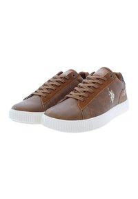 Sneakers in pelle marrone con suole in gomma bianca, dotati di un design con lacci, accentuazioni blu a contrasto sul tallone e un logo sul lato.