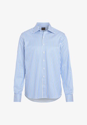 Gestreiftes langärmeliges Hemd in Blau und Weiß mit Button-Down-Kragen, abgerundetem Saum und Knopfleiste. Hergestellt aus einem glatten Stoff.
