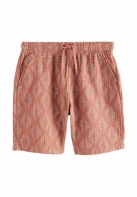 Shorts rouges à motifs, fabriqués en tissu doux. Dotés d'une taille élastique avec cordon de serrage, d'un motif de feuilles vertical et de poches latérales.