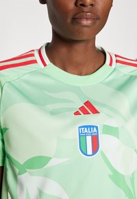 Svijetlozeleni nogometni dres s uzorkom lišća, crvenim prugama na ramenima i logom Italije na prsima. Izrađen od glatkog materijala.