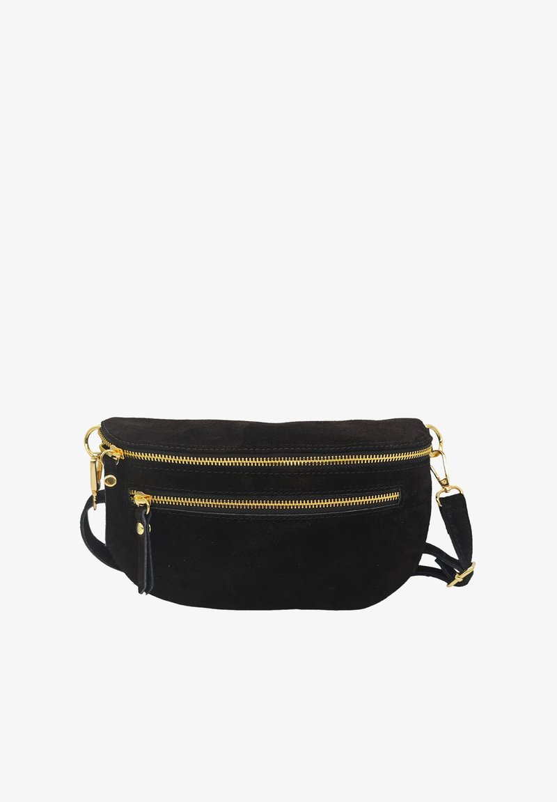 Sacoche en suède noir avec deux zips à l'avant, des accents en métal doré et une bandoulière détachable. Surface texturée et forme arrondie.