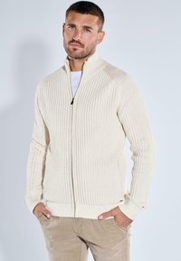 Mann mit kurzem Haar und Bart, der einen cremefarbenen gerippten Pullover mit Reißverschluss und beigen Hosen trägt, steht mit den Händen in den Taschen vor einem schlichten Hintergrund.