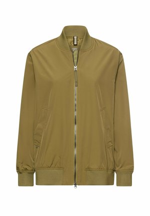 Kurtka bomberka w oliwkowej zieleni z gładkiego, błyszczącego materiału, z zamkiem błyskawicznym z przodu, bocznymi kieszeniami oraz ściągaczami na mankietach i u dołu.
