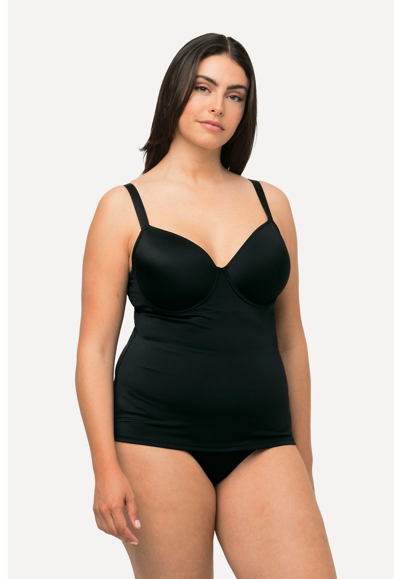 Haut de tankini noir avec soutien-gorge à armatures, bretelles réglables, texture lisse et design ajusté, associé à un bas de bikini noir.