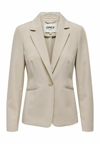 Beige blazer tillverkad av mjukt tyg, med slagkrage, enkel knappstängning, två framfickor och strukturerade axlar.