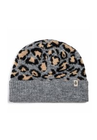 Knit beanie in gray featuring a leopard pattern in black and beige. Ribbed cuff adds texture. Tag visible on the side.
