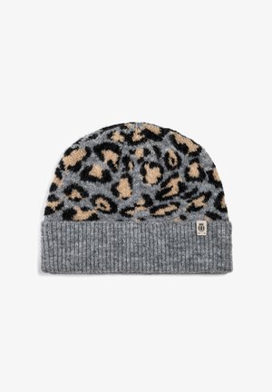 Knit beanie in gray featuring a leopard pattern in black and beige. Ribbed cuff adds texture. Tag visible on the side.