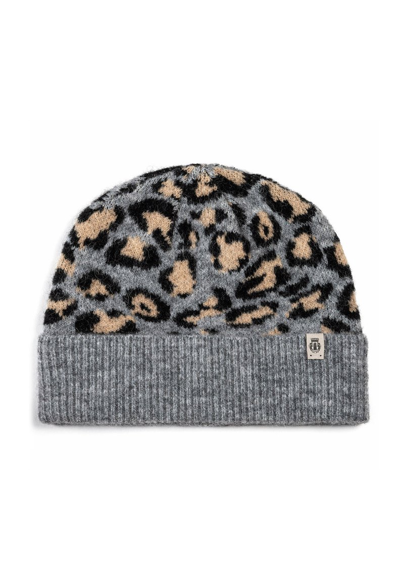 Knit beanie in gray featuring a leopard pattern in black and beige. Ribbed cuff adds texture. Tag visible on the side.