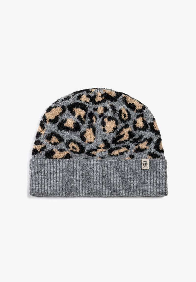 Knit beanie in gray featuring a leopard pattern in black and beige. Ribbed cuff adds texture. Tag visible on the side.