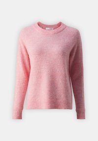 Różowy, teksturowany sweter z okrągłym dekoltem, długimi rękawami oraz ściągaczami na mankietach i dole. Miękki materiał o lekko luźnym kroju.