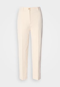 Pantalon en velours côtelé crème, coupe droite, fermeture par bouton et zip, passants pour ceinture et ourlet à la cheville.