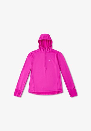 Hooded long-sleeve athletic top in vibrant pink, featuring a half zipper, textured fabric, and thumbholes in the sleeves for added comfort.