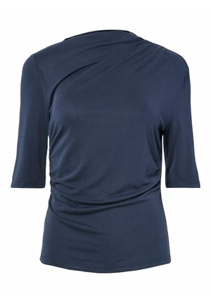 Asimetrična ženska majica mornarsko plave boje s rukavima do tri četvrtine i suptilnim skupljenjem na jednoj strani.