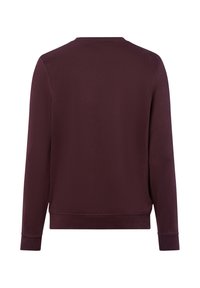 Bordeaux sweatshirt met lange mouwen, ronde hals en geribde manchetten. Gladde textuur, eenvoudig ontwerp, geen zichtbare patronen of logo's. Achteraanzicht.