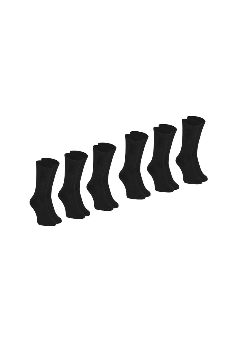 Chaussettes en coton noir dans un ensemble de six. Chaque chaussette possède un ourlet côtelé et une texture lisse, avec un design classique montant jusqu'au genou.