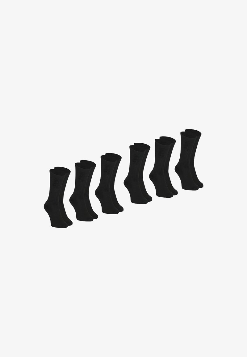 Chaussettes en coton noir dans un ensemble de six. Chaque chaussette possède un ourlet côtelé et une texture lisse, avec un design classique montant jusqu'au genou.
