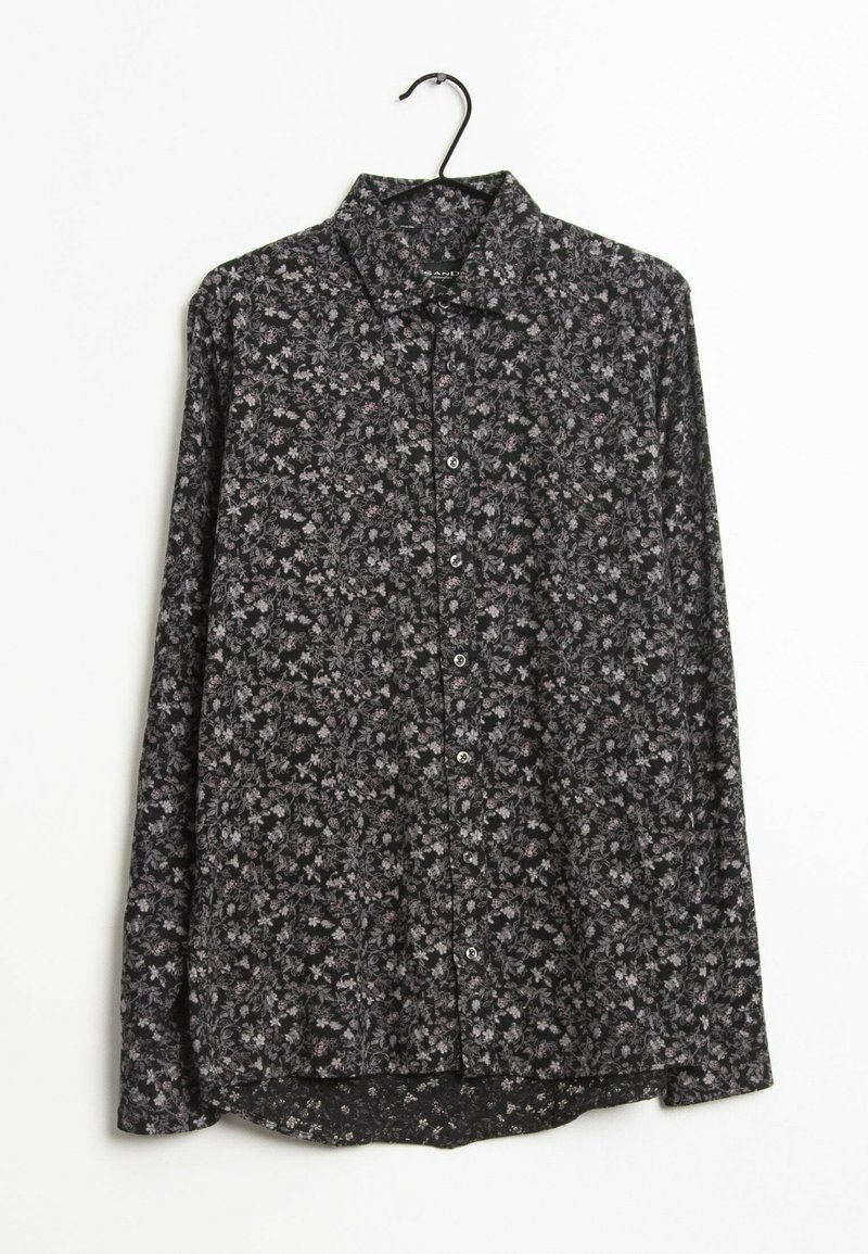 Camicia nera a maniche lunghe con motivo floreale in rosa e bianco. Realizzata in tessuto leggero con chiusura a bottoni e colletto.