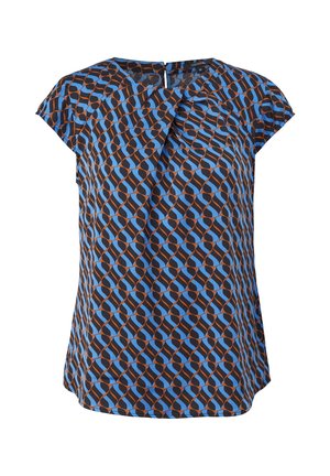 Blouse à manches courtes avec un motif géométrique ondulé bleu, noir et marron et une petite fermeture par bouton avec trou à l'encolure.