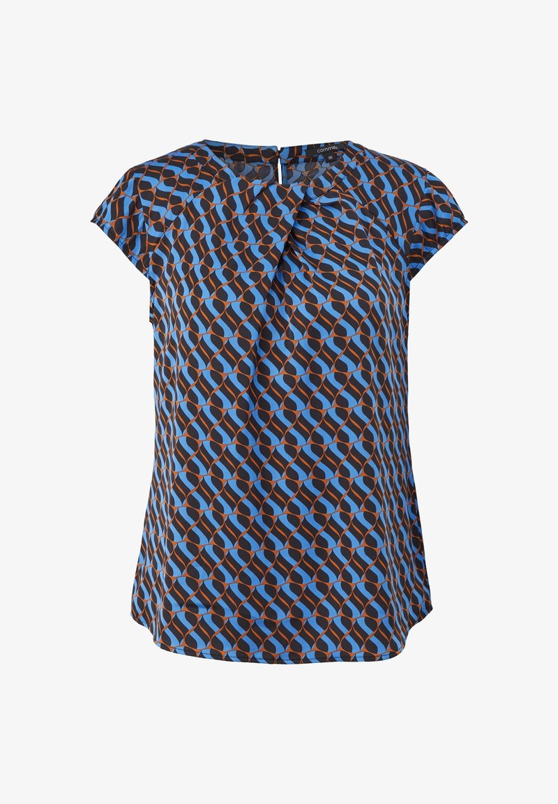 Blouse à manches courtes avec un motif géométrique ondulé bleu, noir et marron et une petite fermeture par bouton avec trou à l'encolure.