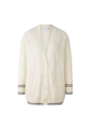 Cream cardigan with a diamond pattern, featuring a V-neck, five buttons, two pockets, and navy striped accents on the cuffs and hem.