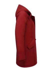 Rode, middellange jas met een capuchon, zijzakken en een platte kraag. Gemaakt van glad, lichtgewicht stof met een getailleerde pasvorm.