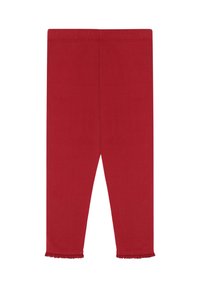 Rote Leggings aus weicher Baumwolle mit tailliertem Design, ausgestattet mit einem Rüschensaum an den Knöcheln für zusätzlichen Detail.