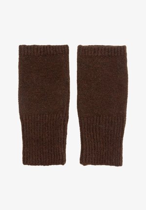 Bruine gebreide vingerloze handschoenen met ribbelmanchetten, met een zachte textuur en een eenvoudige rechthoekige vorm.