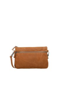 Tan suede clutch bag with a zippered pocket, featuring a detachable strap and minimalist design. Soft texture with logo detail.