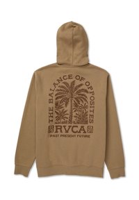 Brązowa bluza z kapturem z dużym nadrukiem przedstawiającym palmy i tekst na plecach. Wykonana z bawełny, o luźnym kroju, z prążkowanymi mankietami.