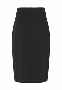 Černá tužková sukně s přiléhavým střihem, vyrobená z hladké látky. Disponuje nenápadným zadním rozparkem a čistým, minimalistickým designem. Bez viditelného hardwaru.
