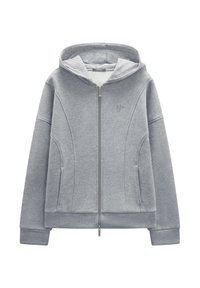 Szara polarowa bluza z kapturem, wykonana z miękkiego materiału, z kieszeniami z przodu, ściągaczami na mankietach oraz fakturowanymi szwami dla dodatkowego efektu.