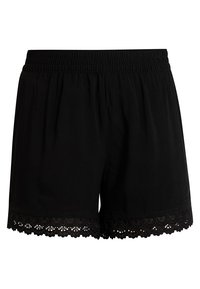 Shorts noirs en tissu doux avec une taille élastique. Détail notable : un complexe ourlet en dentelle noire à la fin.