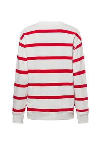 Felpa bianca con strisce orizzontali rosse. Presenta maniche lunghe e un colletto rotondo. Texture liscia e vestibilità standard.