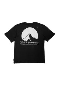 Schwarzes Baumwoll-T-Shirt mit einem weißen Bergmotiv und dem Text "SEVEN SUMMITS", kurzen Ärmeln, Rundhalsausschnitt und lockerer Passform.