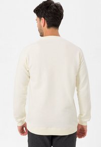 Felpa crema con maniche lunghe, polsini e orlo ribattuti, e texture morbida. Progettata con un retro semplice, senza loghi o motivi visibili.