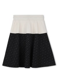 Svart skjørt med en lysfarget midje, med et geometrisk mønster på nedre del. Laget av et lett stoff med en utsvingt design.
