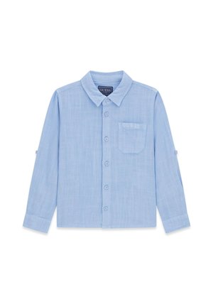 Jasnoniebieska koszula z długim rękawem na guziki, z kołnierzem i kieszonką na piersi z wyszywanym logo „GUESS”.