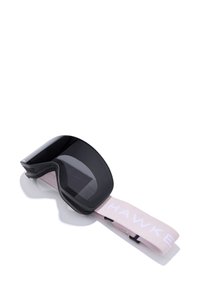 Sí szemüveg fekete műanyag kerettel és sötét lencsékkel. Rózsaszín elasztikus pánttal, melyen fehér betűkkel a "HAWKE" felirat látható. Puha belső bélés.