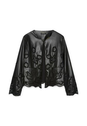 Veste en cuir noir avec motifs floraux découpés, encolure ronde, fermeture à agrafe à l'avant, poches avant, ourlet et poignets festonnés.