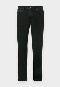 Sorte denim jeans med lige ben, der har en klassisk fem-lomme stil og blå metal hardware detaljer.