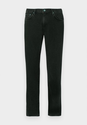 Zwarte denim jeans met een ontwerp met rechte pijpen, met een klassieke vijf-pocketstijl en blauwe metalen hardwareaccenten.