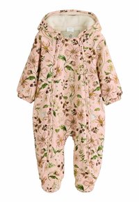 Mono de nieve de color rosa con estampado floral y capucha, que cuenta con un forro suave, puños elásticos y cierre de cremallera, diseñado para brindar calidez y comodidad.