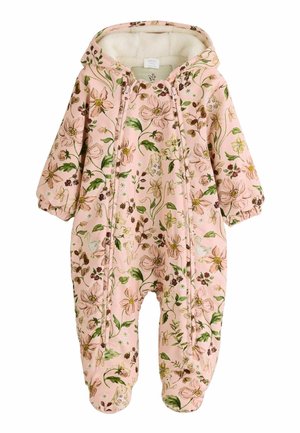 Tuta invernale rosa a fantasia floreale con cappuccio, dotata di morbida fodera, polsini elasticizzati e chiusura con zip, progettata per calore e comfort.