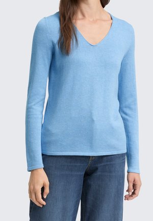 Femme portant un pull col V manches longues bleu clair et un jean bleu foncé, montrée du cou aux hanches sur un fond uni.