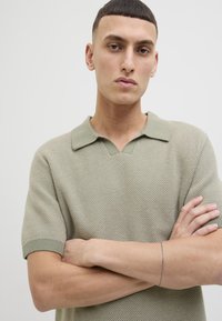 Lys grønn strikket polo med V-hals og korte ermer. Har et strukturert vev og en kontrasterende krage.