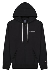 Sudadera con cremallera negra hecha de una mezcla de algodón, con capucha ajustable, bolsillos frontales y logo blanco en el pecho. Tejido texturizado.