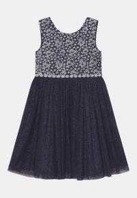 Marineblaue ärmellose Kleid mit einem floral bestickten Oberteil und einem glitzernden, fließenden Tüllrock. Figurbetonter Bund mit einem gerafften Design.